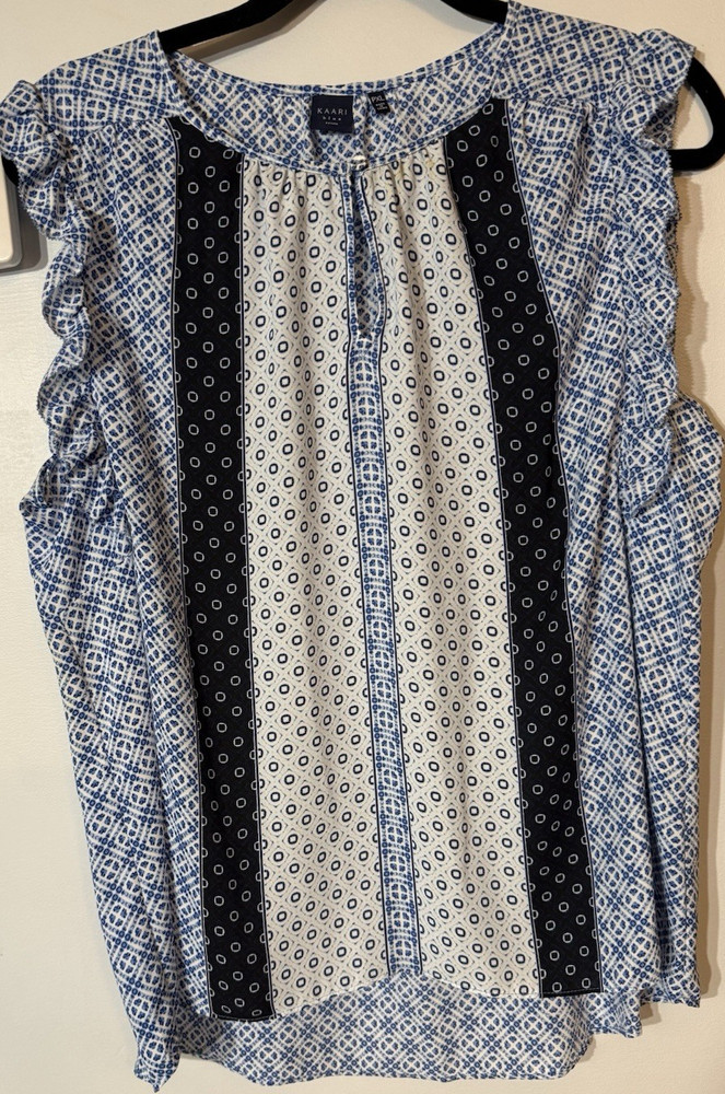 Kaari Blue Women’s Blue/White/Black Geometric Ruffle Cap Sleeve Blouse, PXL