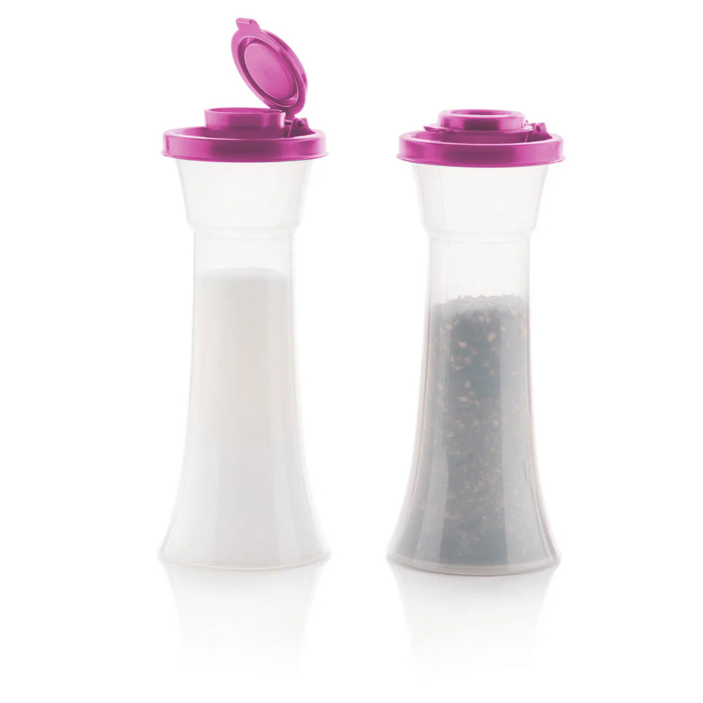 New Tupperware Hourglass Salt & Pepper Shakers Set Pink Seals 6