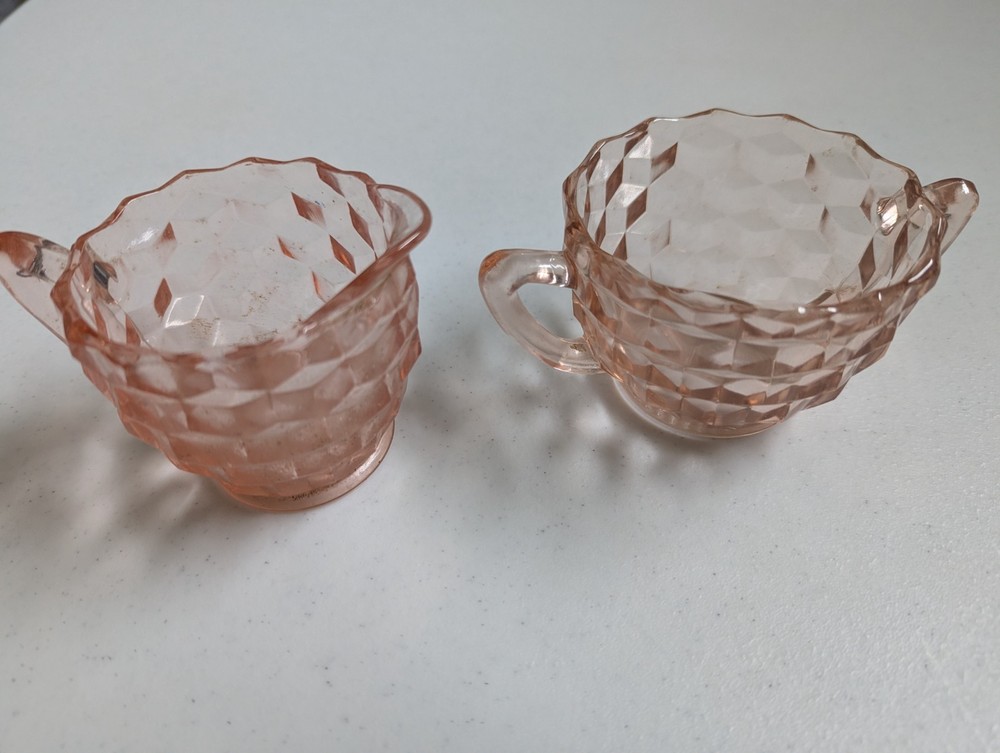 Vintage Jeanette Depression Glass Sugar Bowl & Cream Pitcher Set, Cubist Pink
