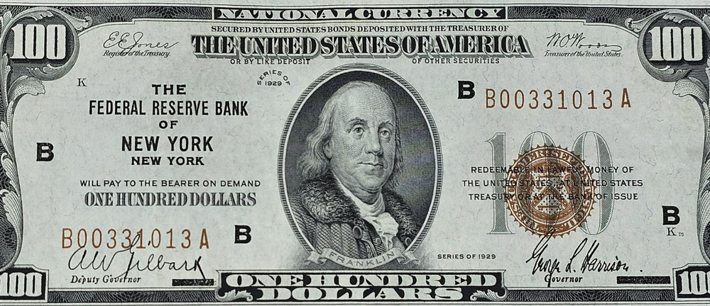 Beautiful Uncirculated Series 1929 $100 National Currency Note Fedral Reserve Ny