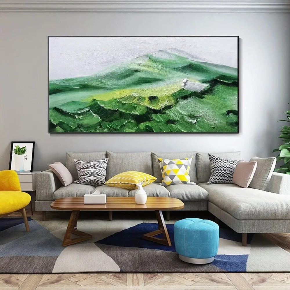 Large Heavy Texture Snow Mountain Oil Painting On Canvas Hand Painted Green