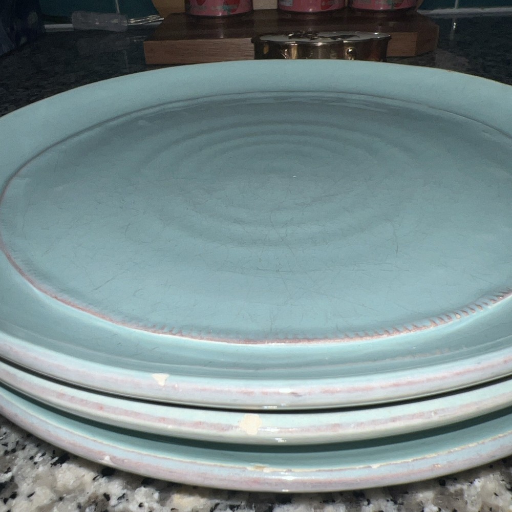 3 Crate & Barrel Como Salad Plate Aqua Blue Italy Earthenware Discontinued As Is