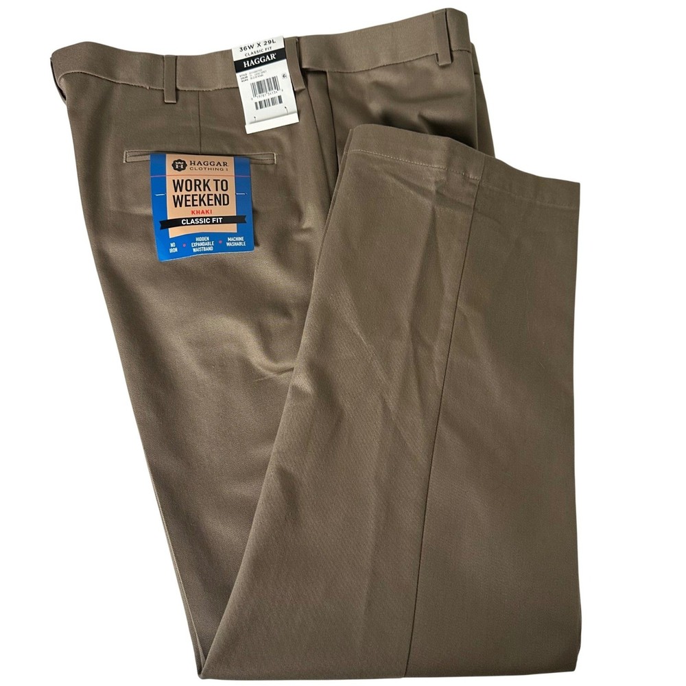 Haggar Work to Weekend Khaki Pants Mens 36x29 Lead Grey Classic Fit Cotton NWT