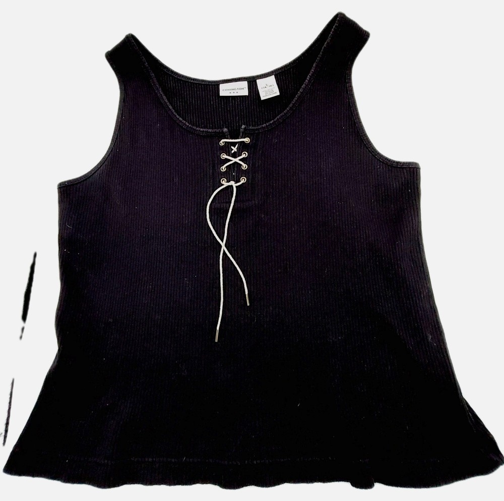 Covington Women Shirt Sleeveless Size Large 14-16 Black Lace Tie Tank Top Ribbed
