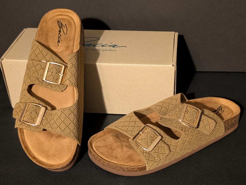 Bacia Womens Flat Sandals with Cork Footbed, Open Toe Slides Adjustable