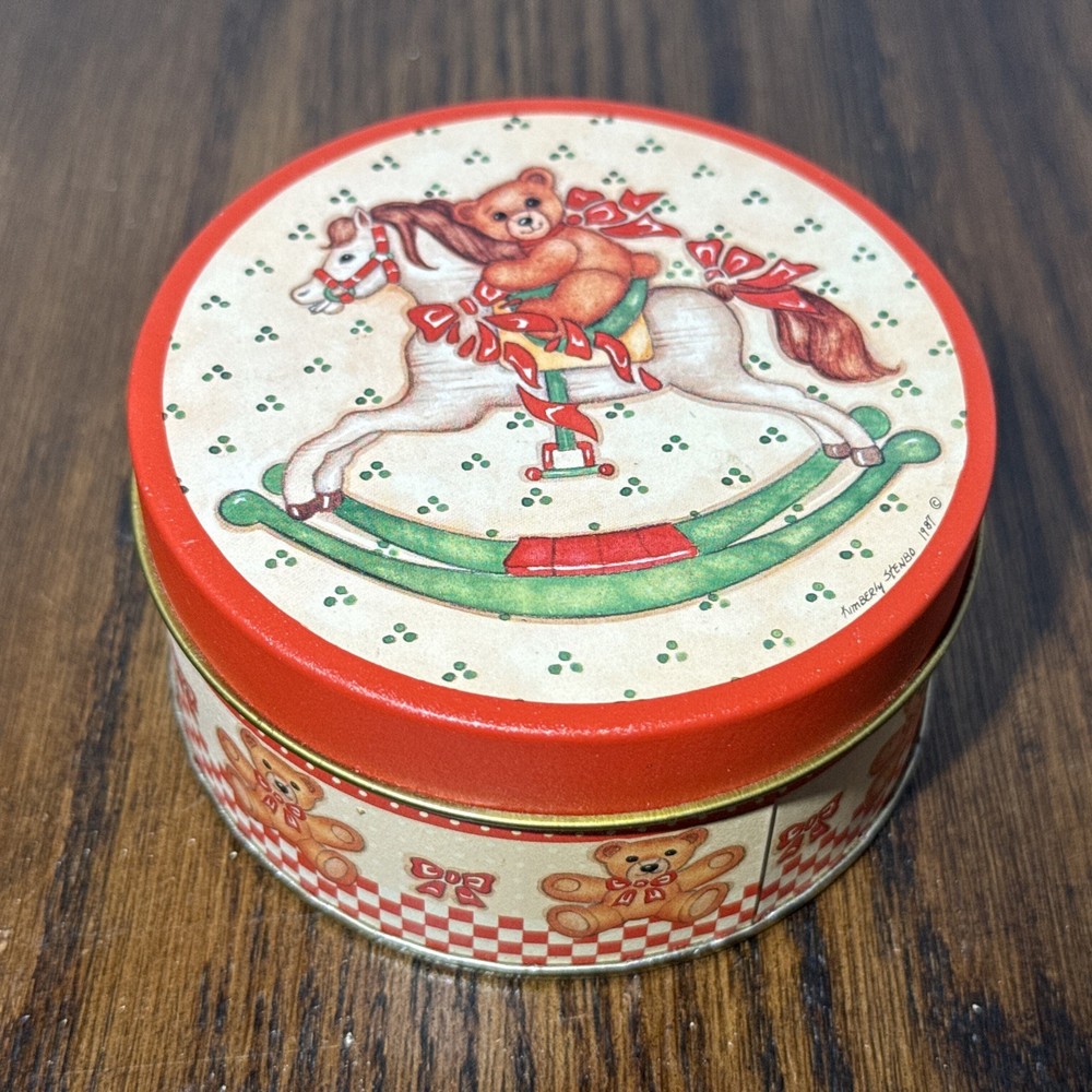 Vintage Small Metal Christmas Tin W/ Potpourri Bear On Rocking Horse