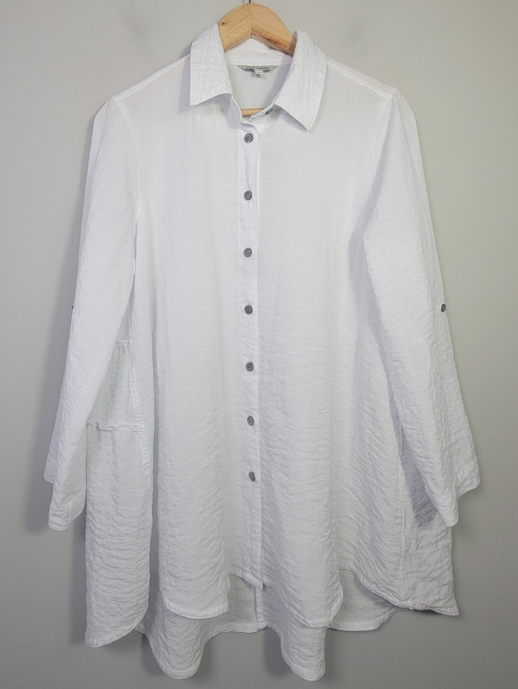 John Mark Womens M Button Front Tunic Blouse Rayon White Long Sleeve
