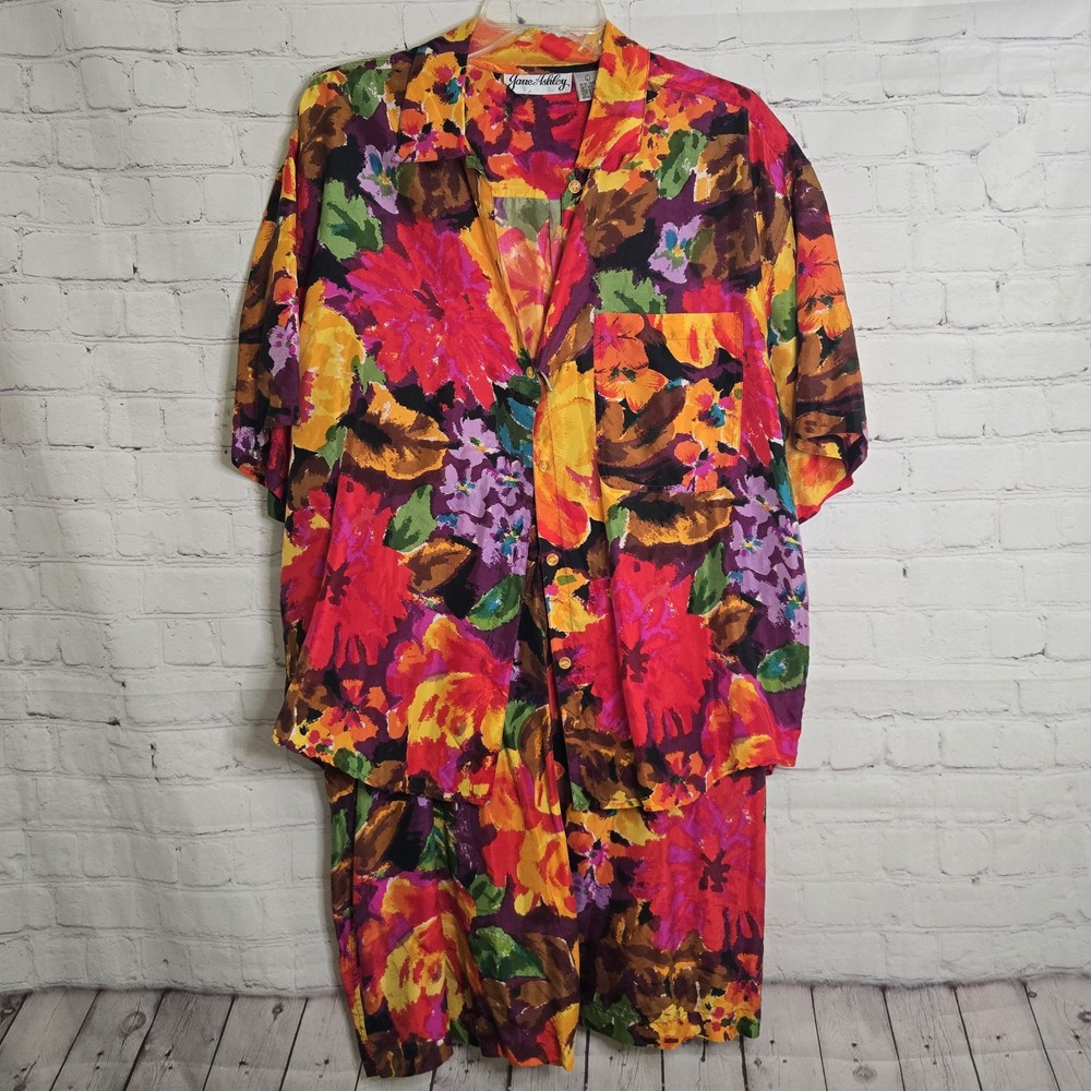 Vtg Jane Ashley 100% Silk Bright Hawaiian Floral Wide Leg Shorts & Shirt Set L