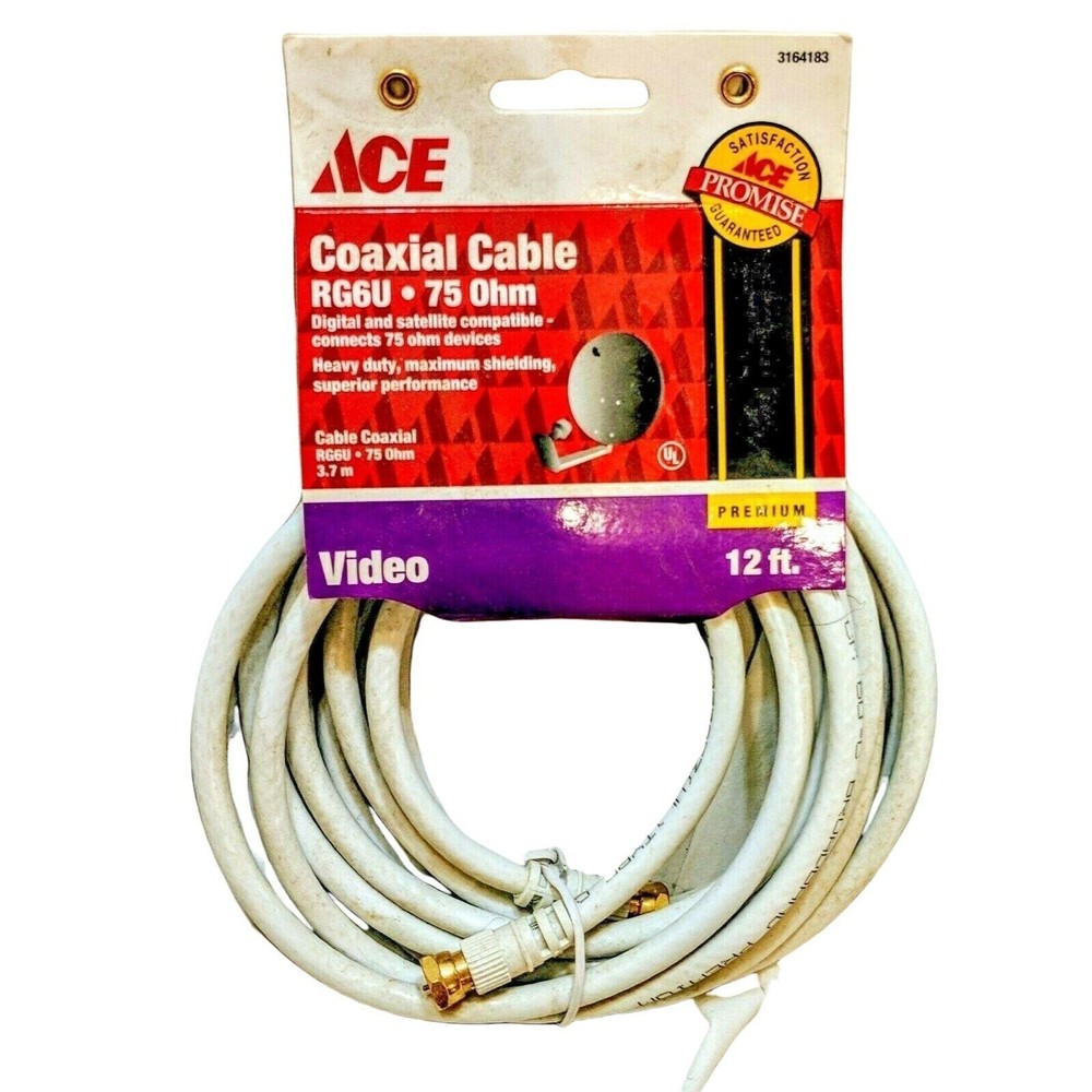 Ace White 12ft 75 Ohm Coaxial Video Cable 8j-image
