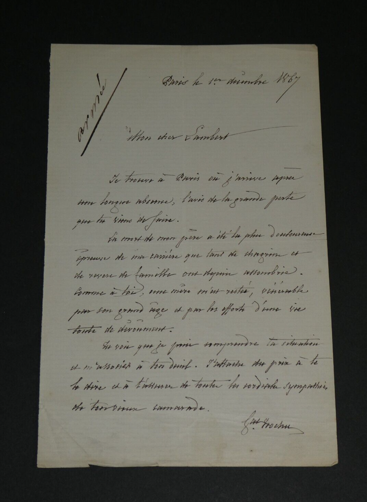Louis Jules Trochu, General- Signed Autograph Letter to M Lambert, 1867