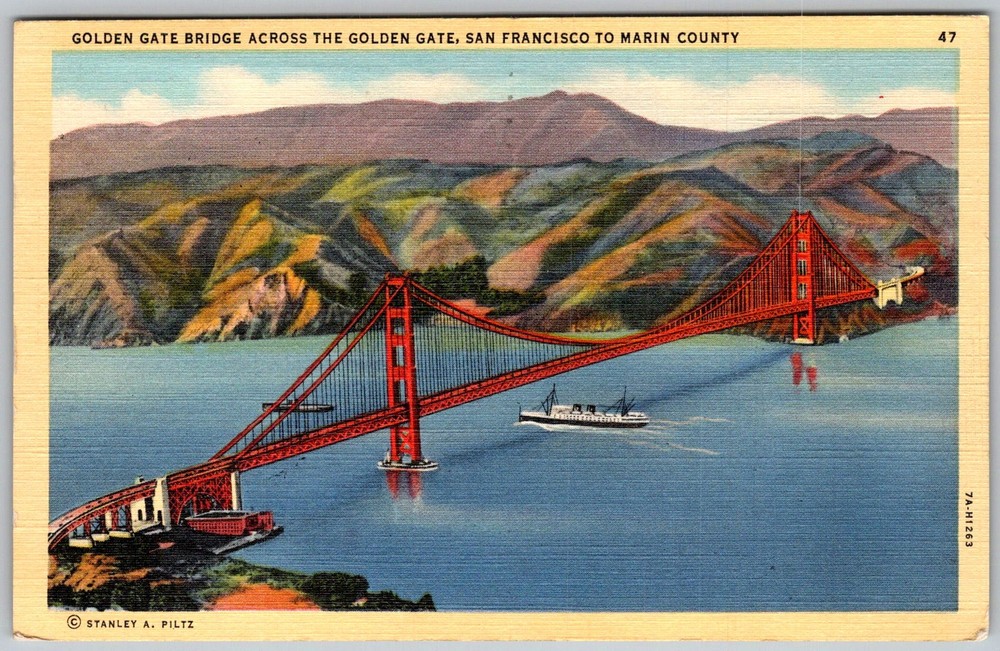 Vtg Linen Postcard Golden Gate Bridge San Francisco, CA 1940s