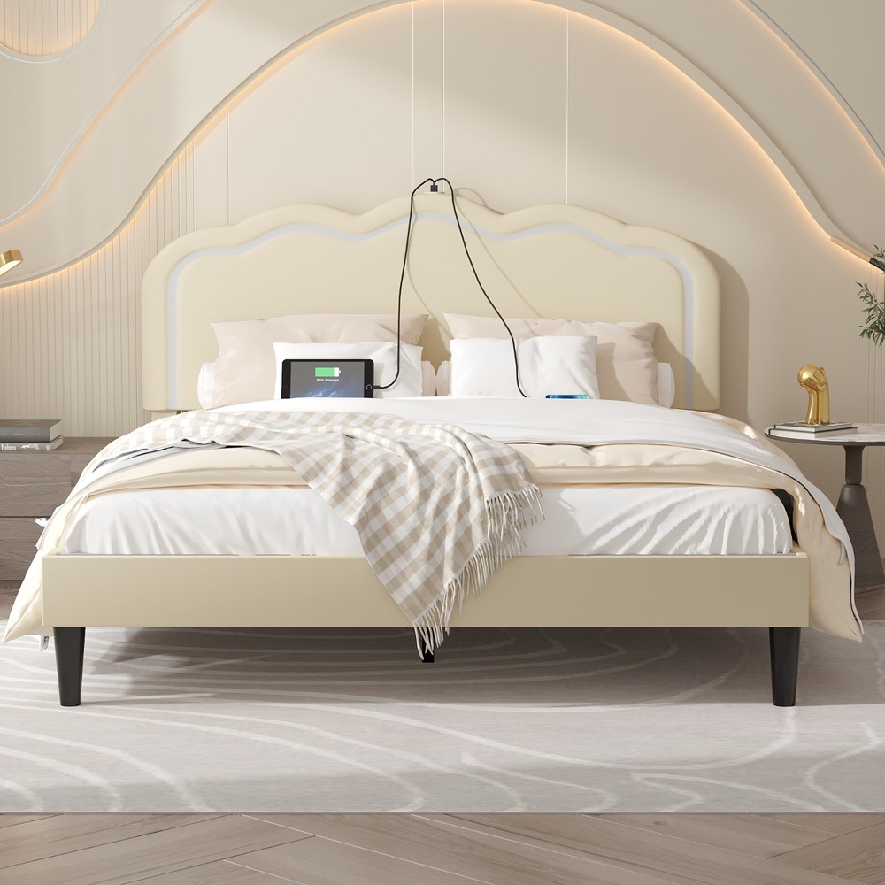 LED Light Queen Full Twin Size Bed Frame Charging Station Headboard Platform