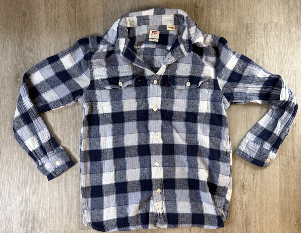 Levi’s Plaid Long Sleeve Button Front Flannel Shirt Blue Gray Men’s Small