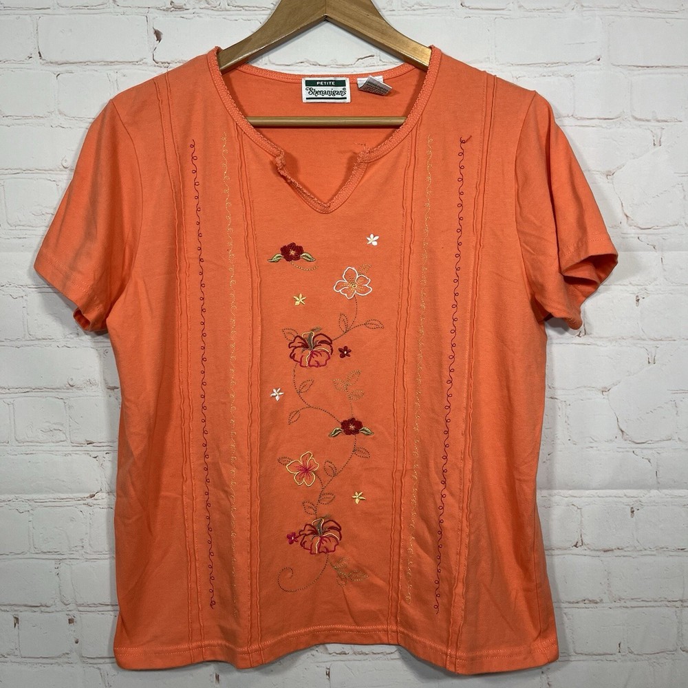 Shenanigans Blouse Womens Size Petite Large Orange Embroidered Floral V Neck