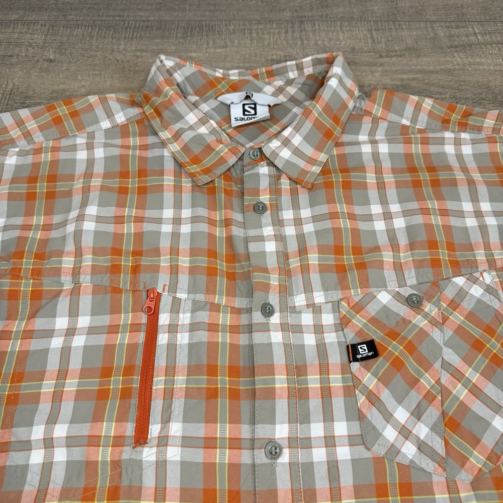 Salomon Mens Short Sleeve Button Up Shirt Large Orange Plaid Nylon Outdoors B19