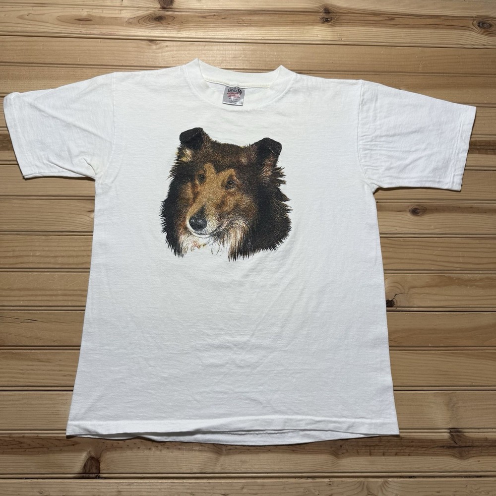 Vintage 90s Border Collie Dog Portrait Nature Single Stitch Animal Shirt - Large