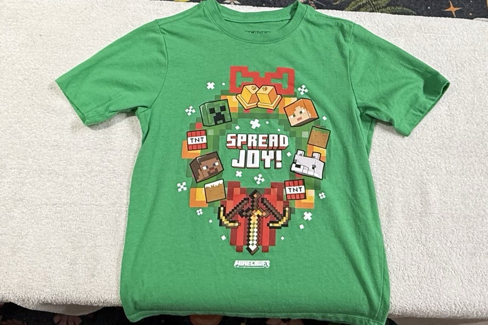 Minecraft Creeper Green Graphic Tee Kids M (8) Cotton Blend Crew Neck