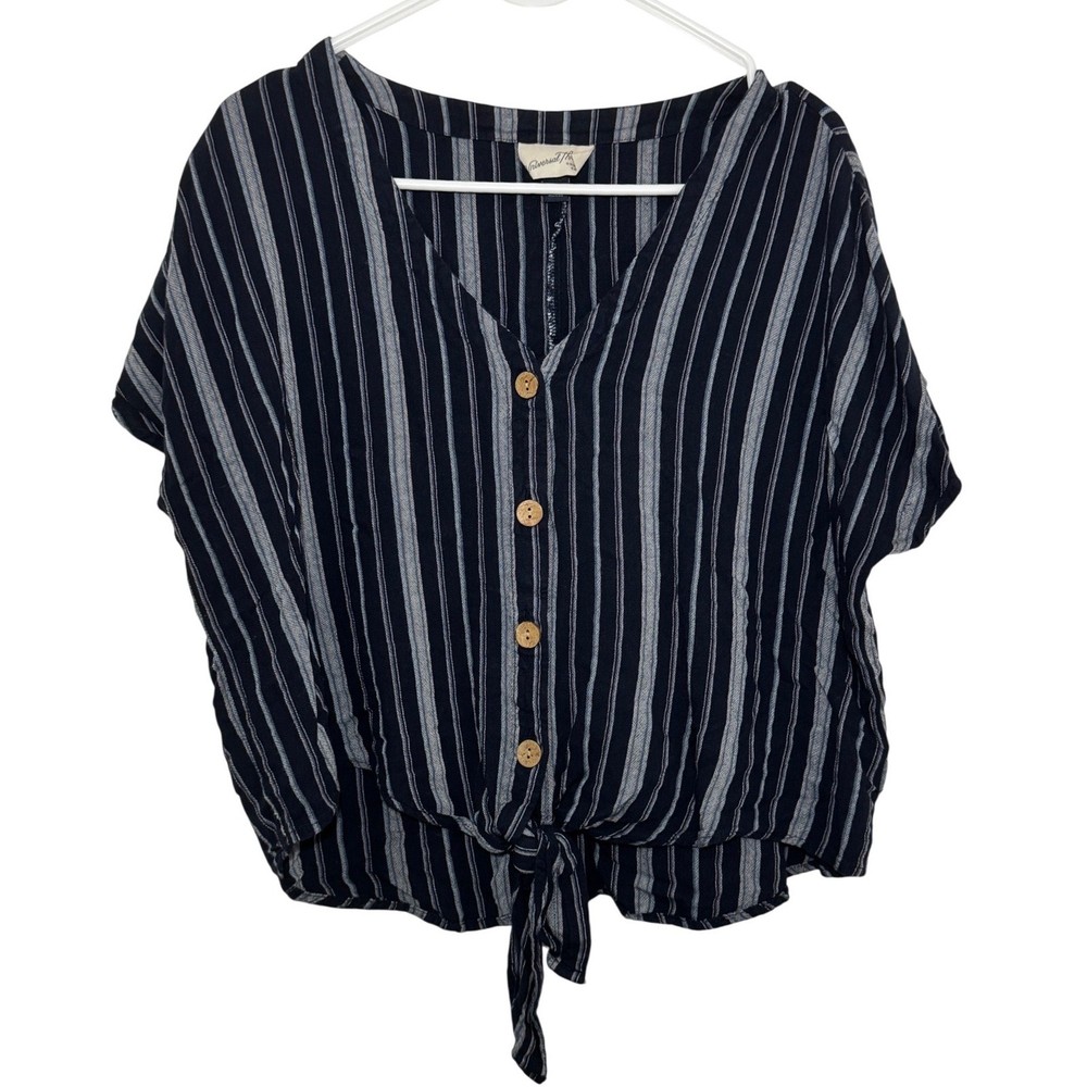 Universal Thread Navy White Striped Tie Front Button Down Blouse Top Large