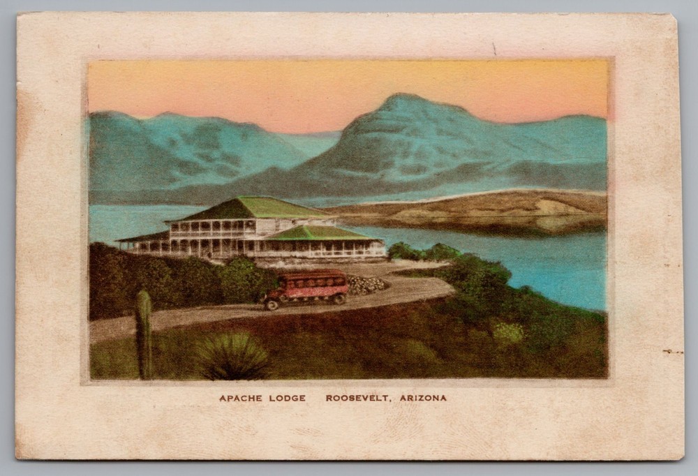 1920s Roosevelt Dam Arizona Apache Lodge Still Albertype Hand Colored Postcard