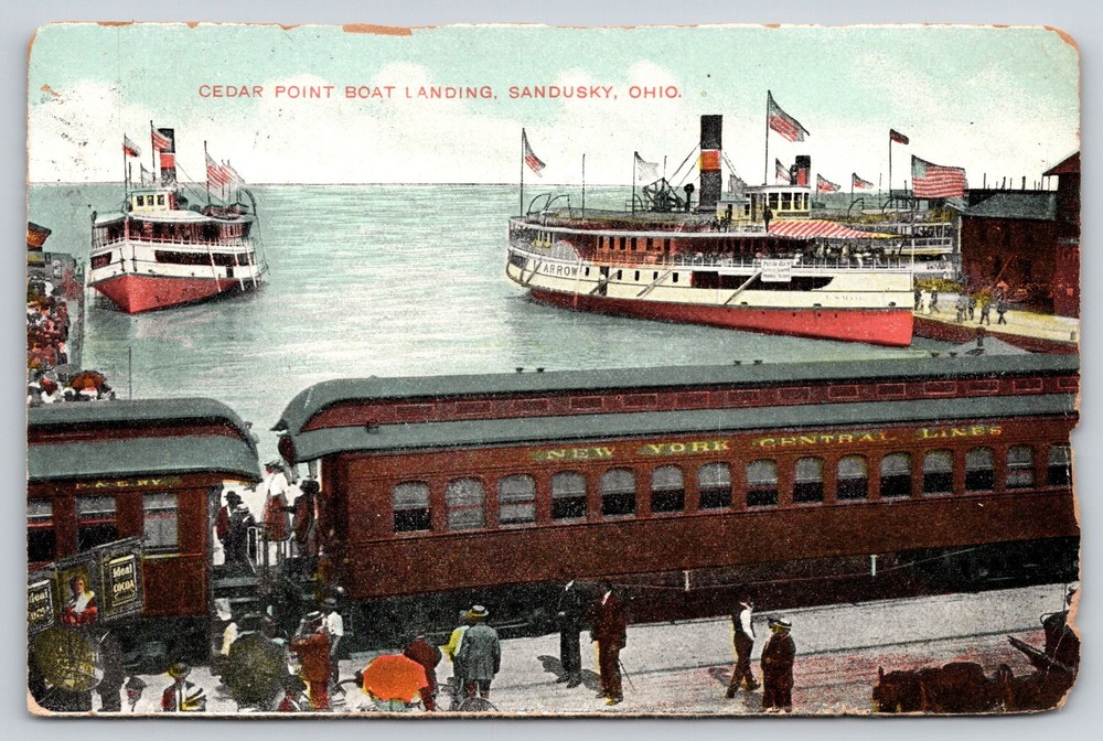 Steamer~Sandusky Ohio~Cedar Point Boat Landing~Ships~Flags~Train~1907 Postcard