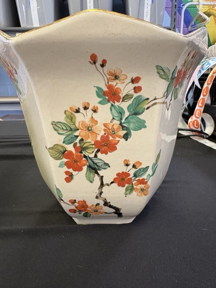 Hyalyn Vase with Cherry Blossoms and Gold Trim Made In North Carolina in 1960s