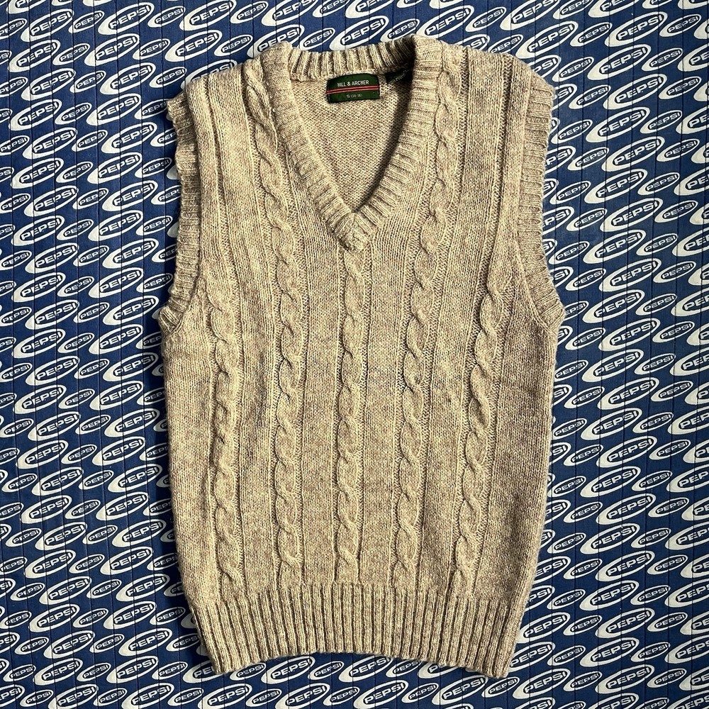 Vtg 80s Hill & Archer Men’s Cable Knit Sweater Vest Wool Blend Biege Tan Sz S