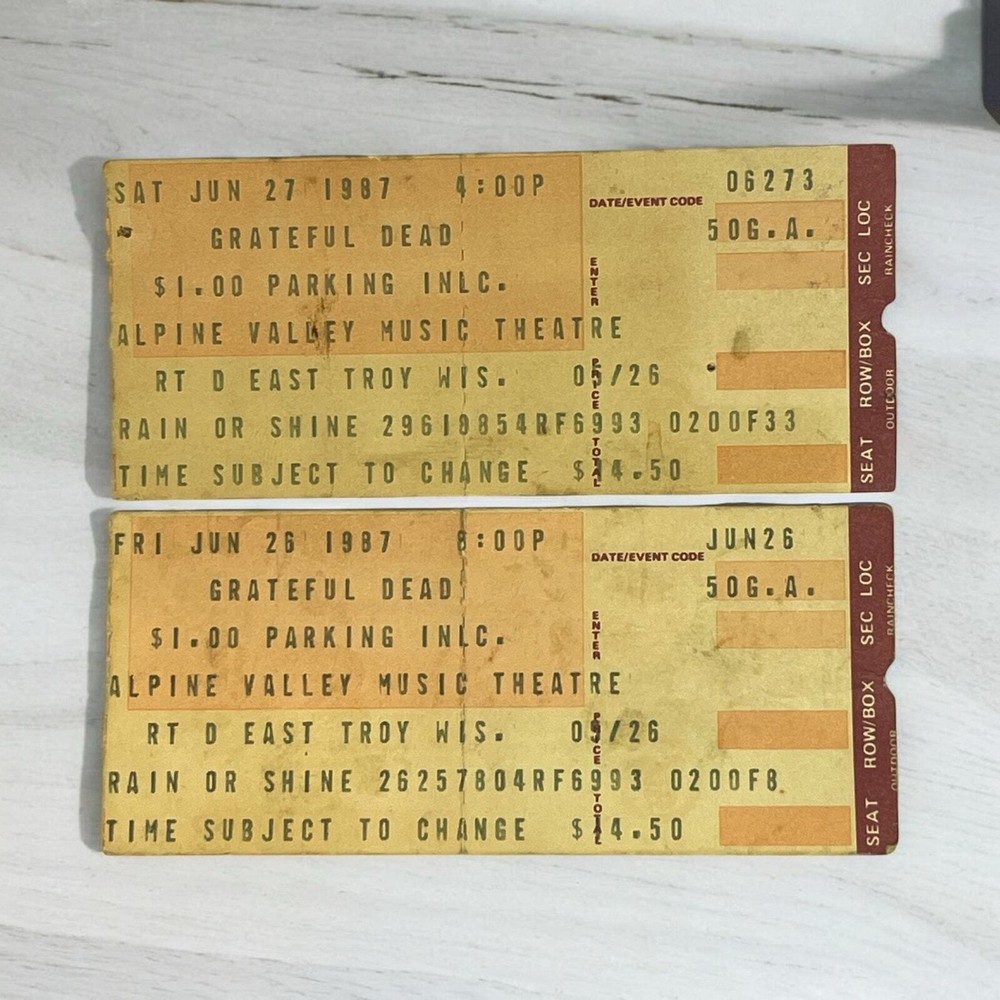 Grateful Dead Concert Tickets VTG 6/26/1987 East Troy WI Lot of 2 Ticketron