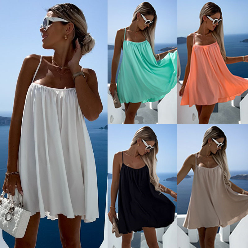 Women's Dress Pleated Light Thin Solid Round Neck Sleeveless Loose Strap Dress