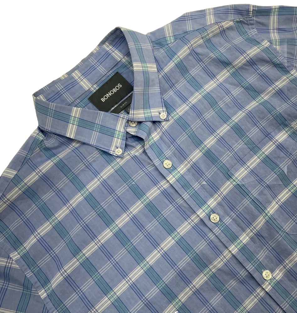 Bonobos Slim Fit Button Down Long Sleeve Shirt Men’s L Blue Plaid Cotton