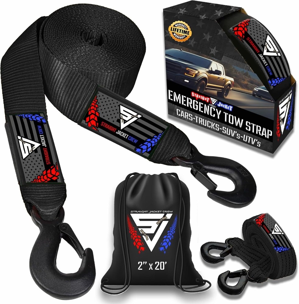 Heavy Duty 2x20 Ft Tow Strap with Forged Steel Hooks 10000 LB Capacity