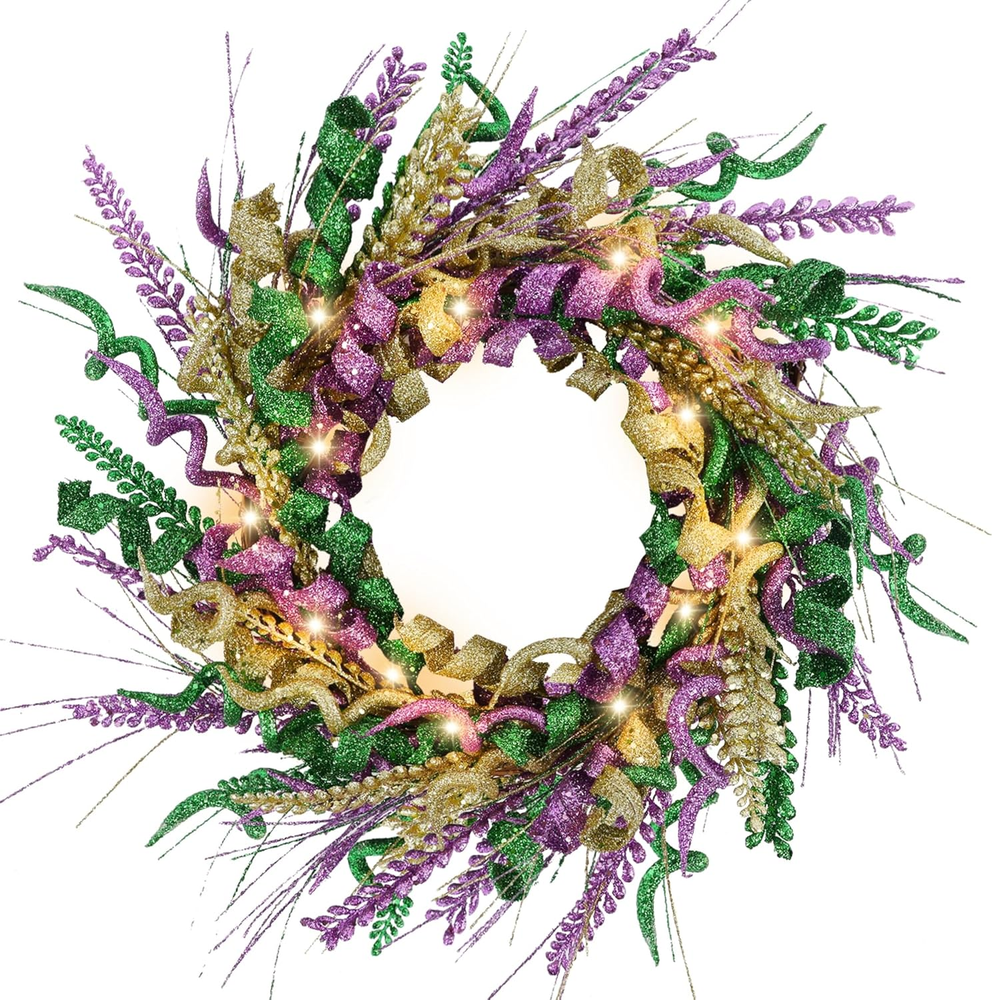 16-Inch Glitter Mardi Gras Wreath for Front Door Decor