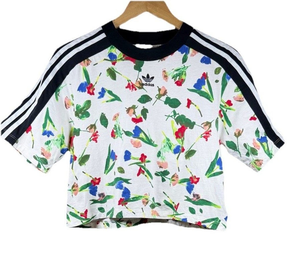 Adidas Originals Floral print Crop Top Womens S Trefoil 3 Stripe Tee Sporty