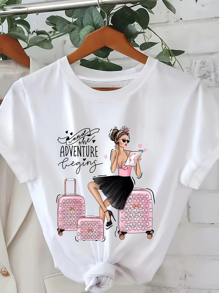 Women Adventure Begins Travel Graphic T-Shirt Suitcase Print Casual Tee