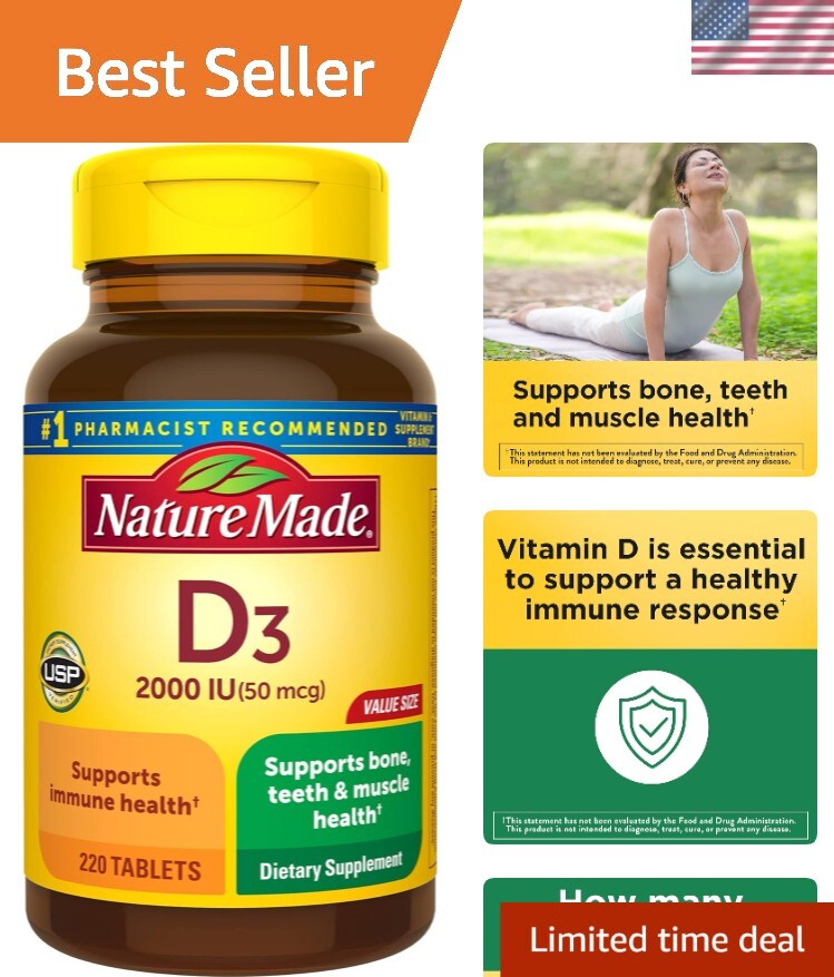 Gluten-Free Vitamin D3 2000 IU Tablets - 220 Count for Daily Wellness Support