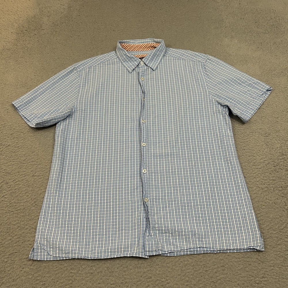 Johnston Murphy Shirt Mens Large Blue White Plaid Short Sleeve Button Up Cotton