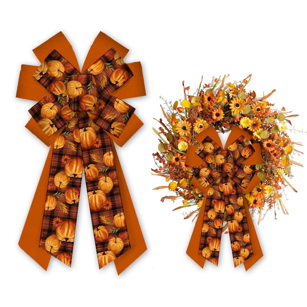 Large Thanksgiving Wreath Bow Fall Decor Ribbon Bow for Autumn Harvest Party,...
