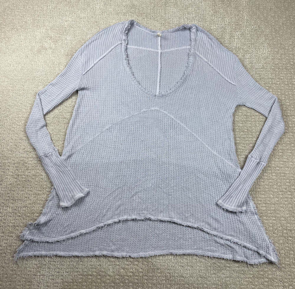 Free People Top Womens Small Light Blue Scoop Neck Long Sleeve Waffle Thermal