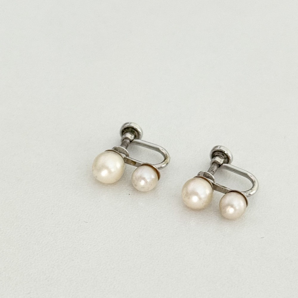 Vintage 925 Sterling Silver Genuine Real Pearl Double Stone Screw Back Earrings