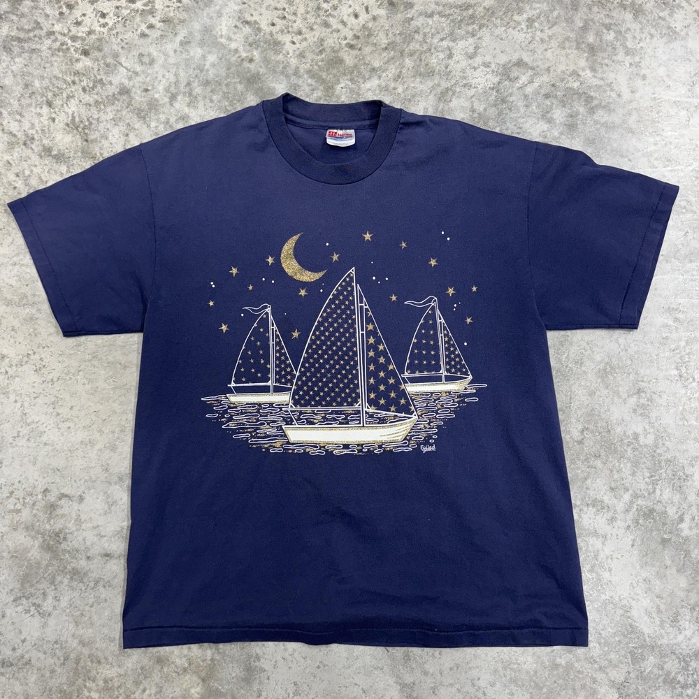 Vintage Hanes Shirt Mens Large Blue Sailboat Moon Graphic Tee Nautical 90s
