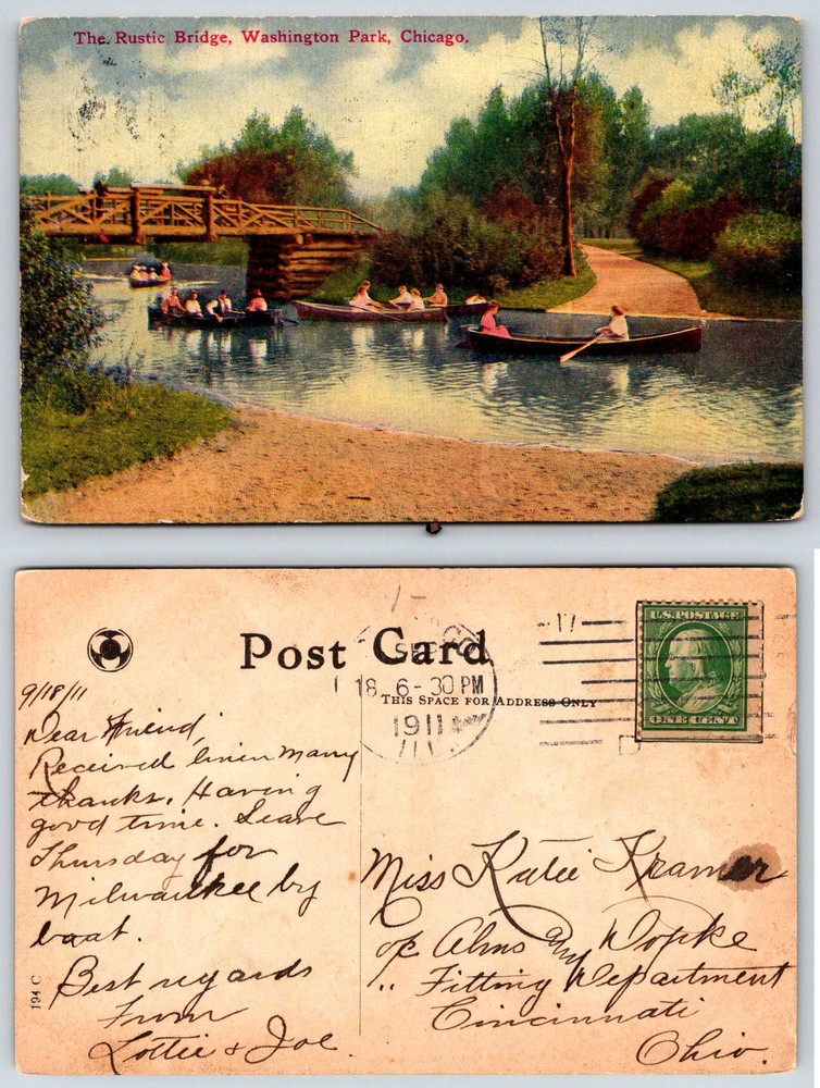 Chicago Illinois WASHINGTON PARK RUSTIC BRIDGE LAKE BOATING 1911 Postcard Q972