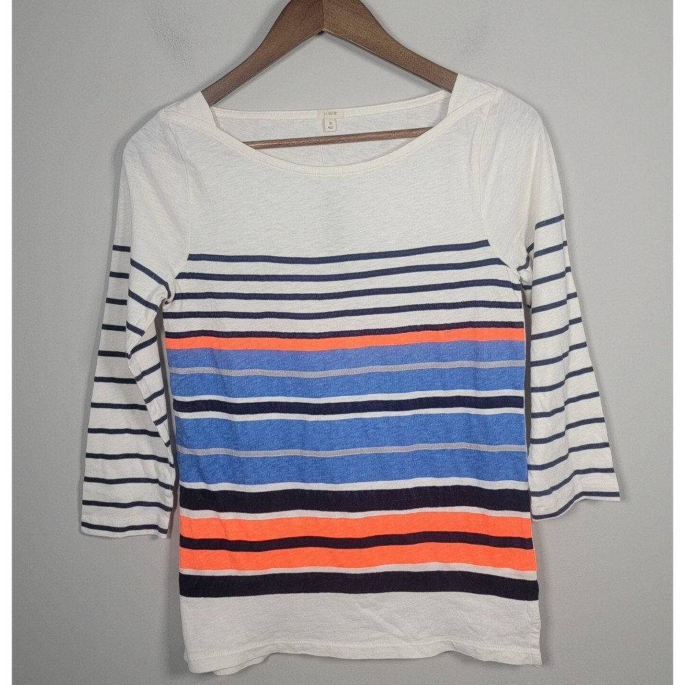 NWT J. Crew Womens S Striped Cotton 3/4 Sleeve Top Shirt White Blue Orange