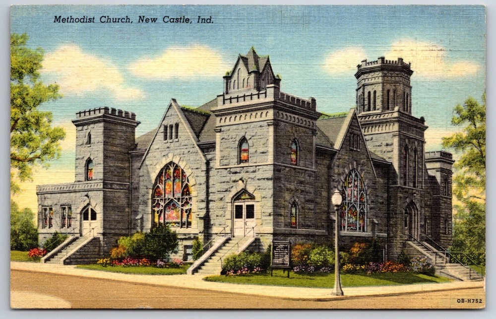 New Castle Indiana~Methodist Church Street View~PM 1954~Vintage Linen Postcard