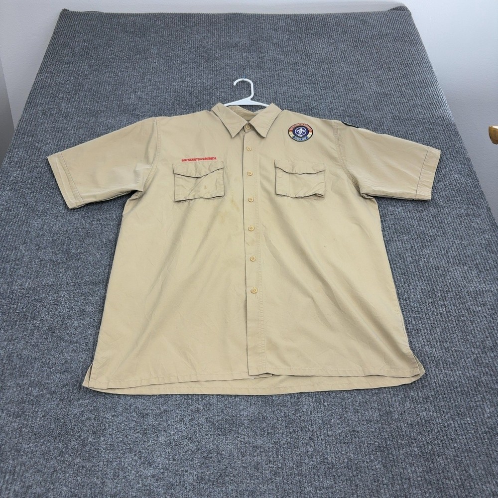 Boy Scouts of America Uniform Shirt Adult L Tan Cotton Blend Patches Scout