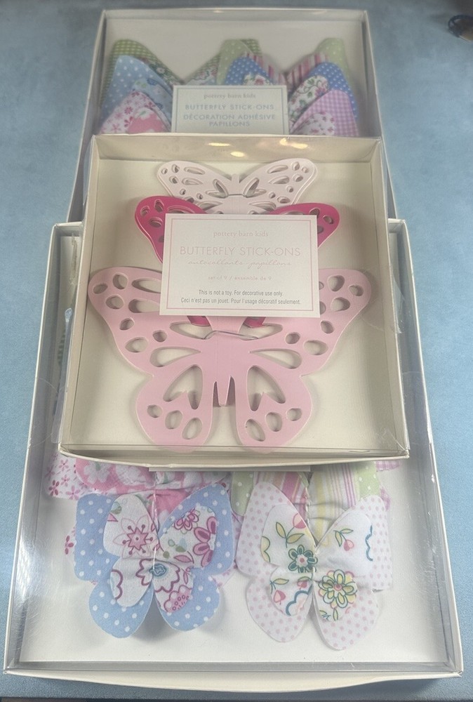 NEW Pottery Barn Kids Butterfly Stick Ons Wall Art Floral Gingham Fabric 3 Boxes