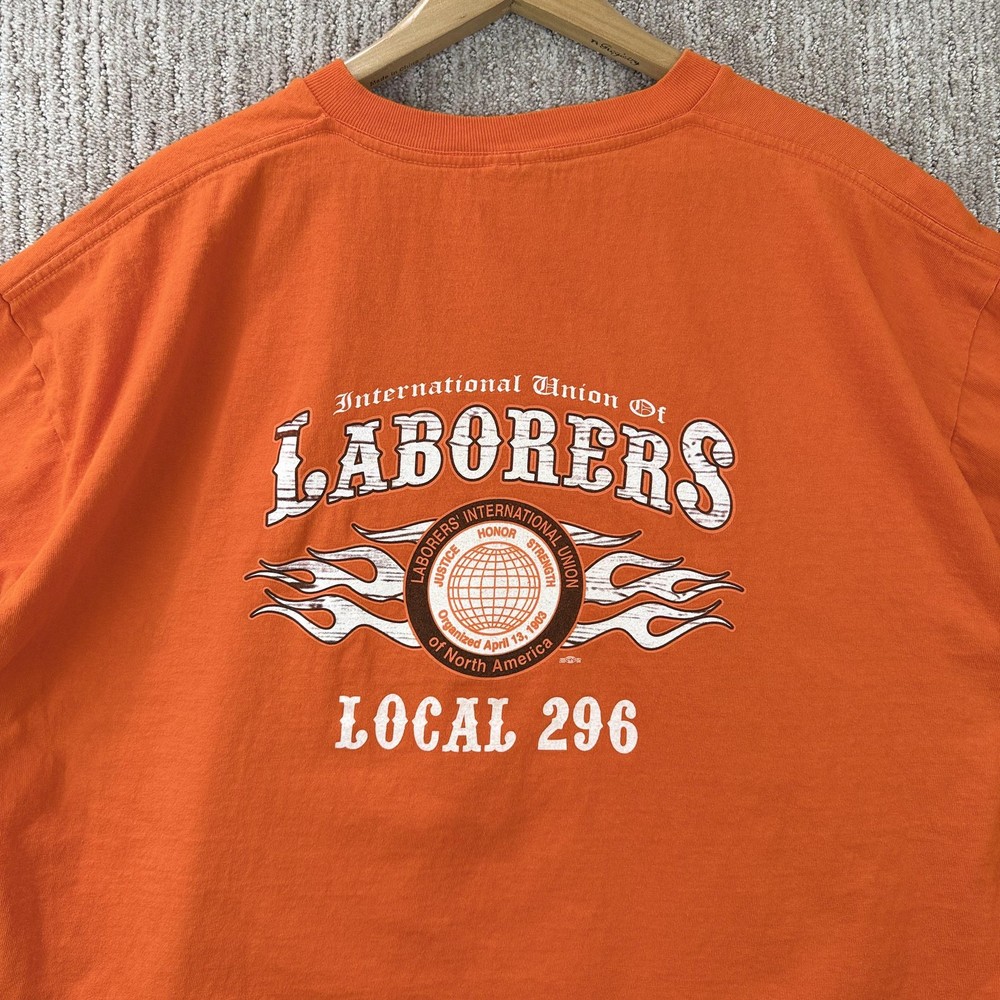 Laborers Union Local 296 Shirt Mens 2XL Orange Union Line Graphic Tee Made USA