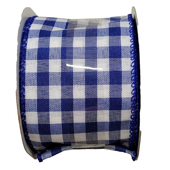 Blue White Gingham Check Plaid Ribbon 12ft 2.5in Wired Bow Wreath Decor