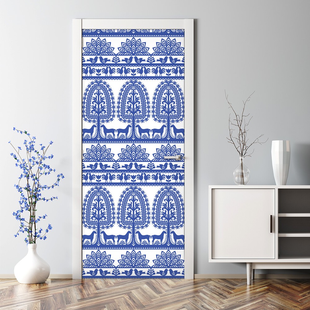 Blue & White Polish Kurpie Papercut Bubble-Free Reusable Door Sticker Decal