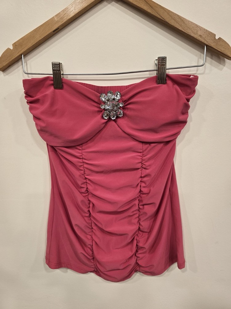 Body Central Pink Strapless Tube Top Rhinestone Brooch Ruched Y2K Small