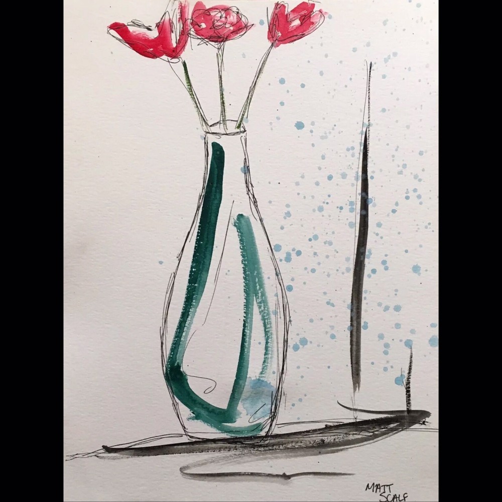Matt Scalf Floral Flowers Vase Expressionism ORIGINAL PAINTING Watercolor 9x12