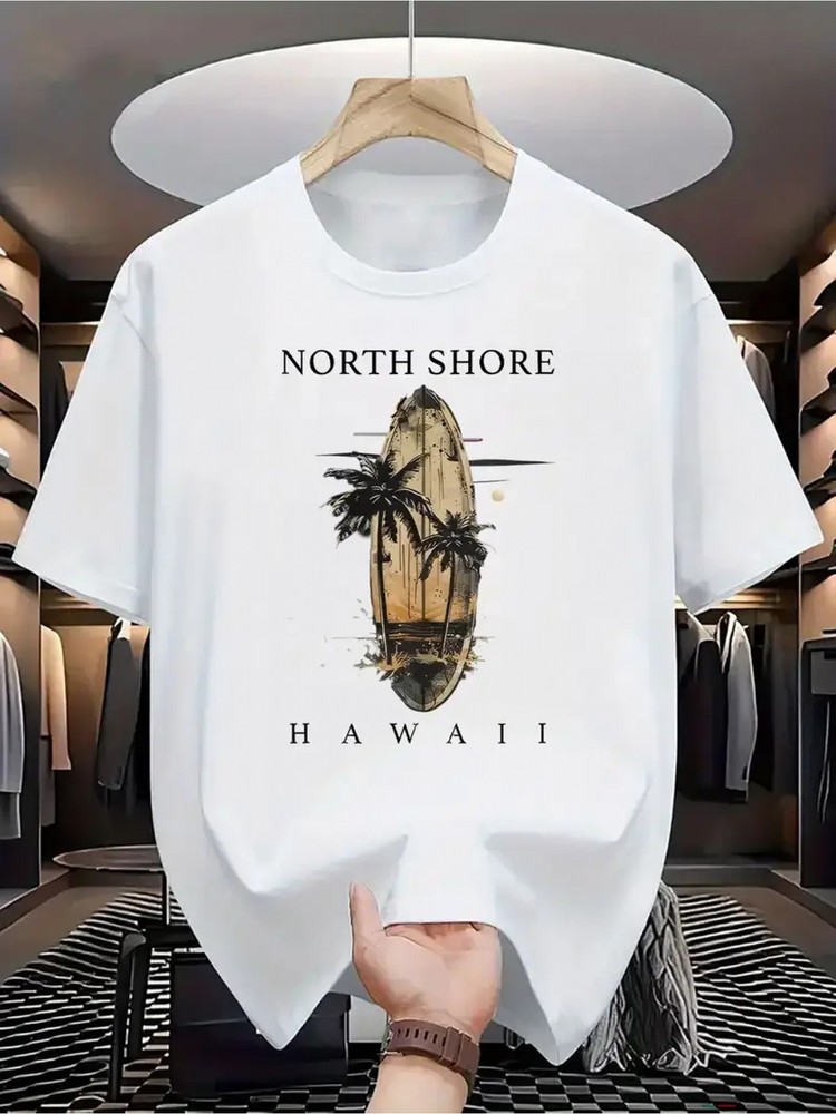 A Men's Essential T-Shirt Shore Hawaii elements and a surfboard motif